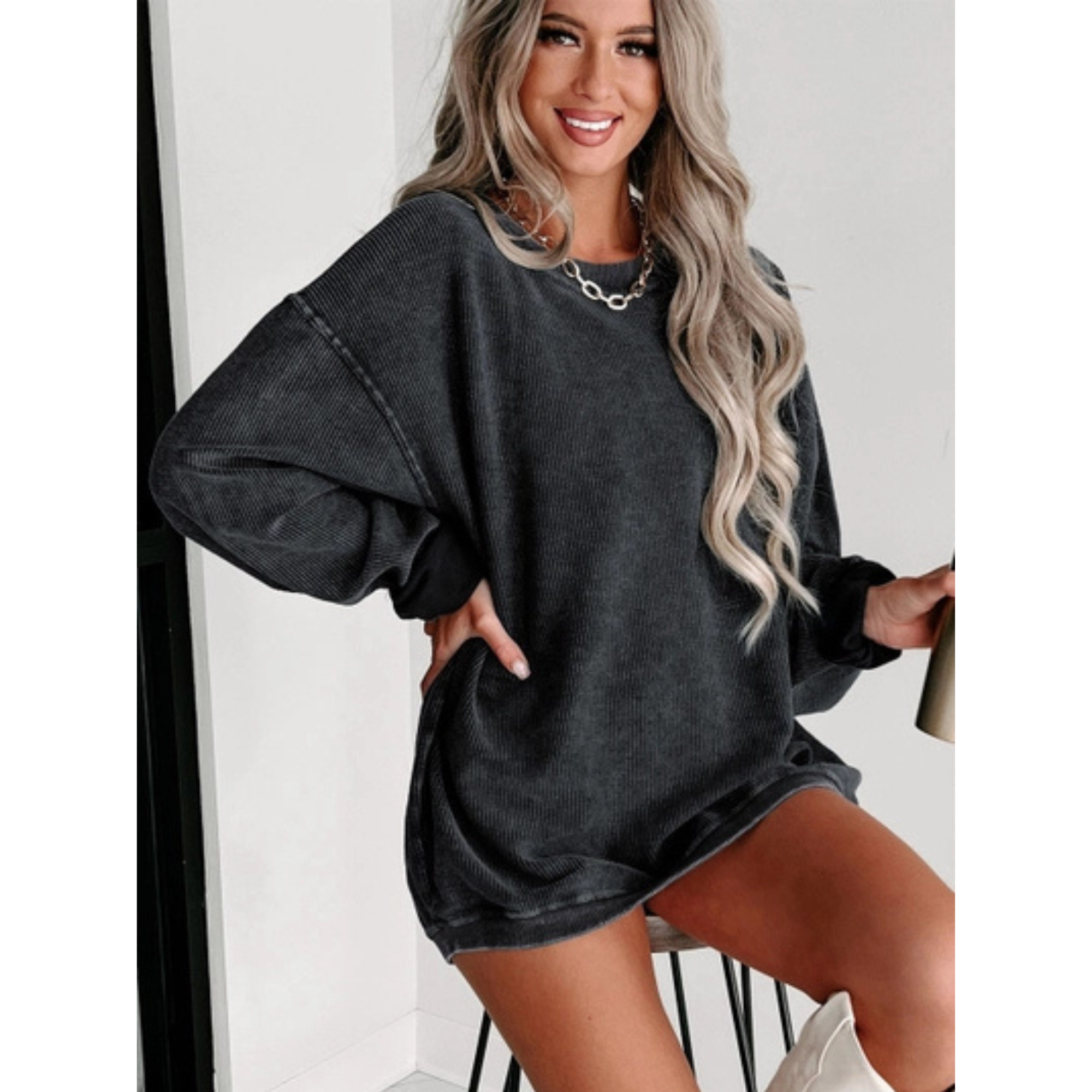 Ribbed Knit Pullover Sweatshirt
